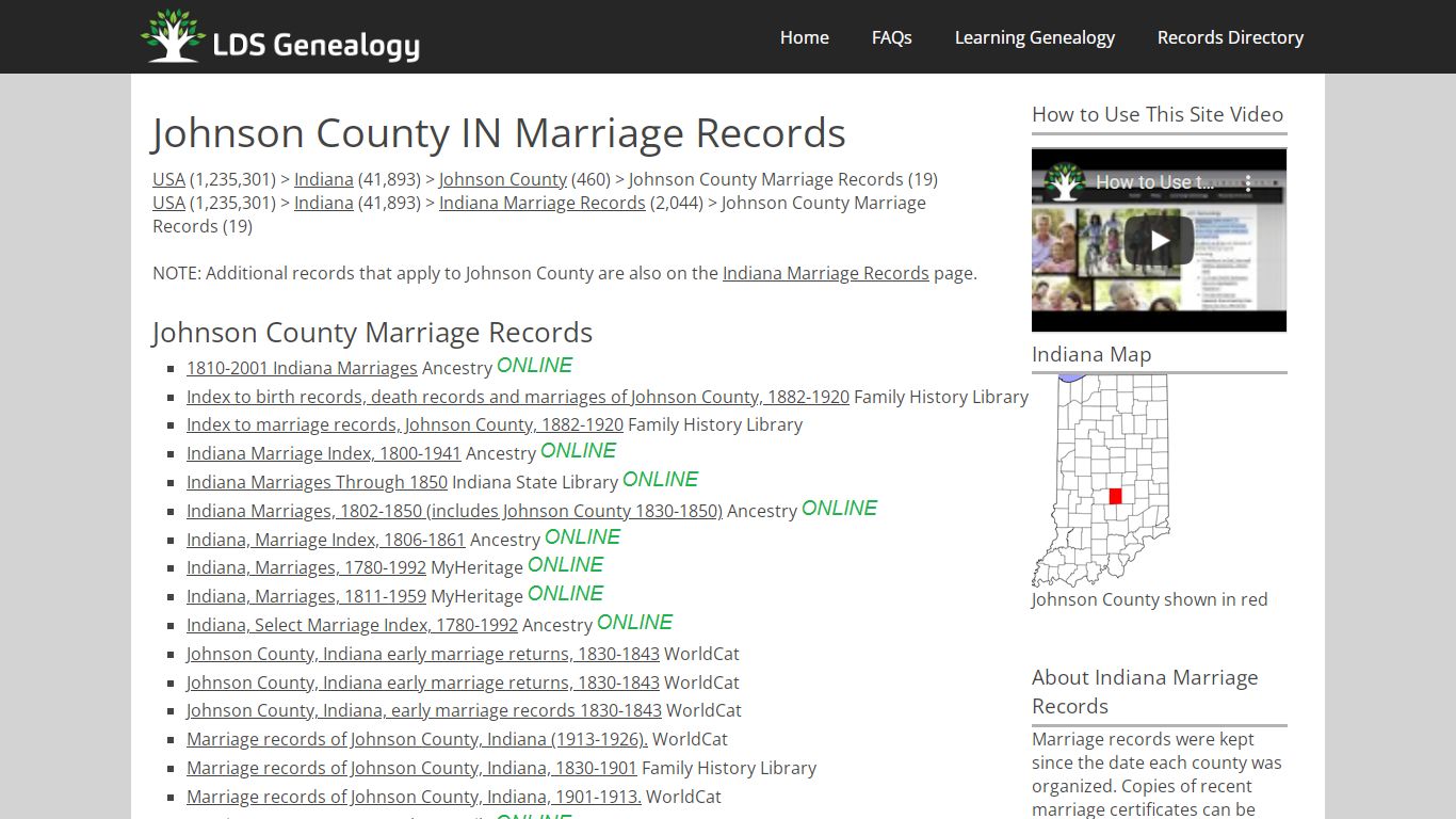 Johnson County IN Marriage Records - LDS Genealogy